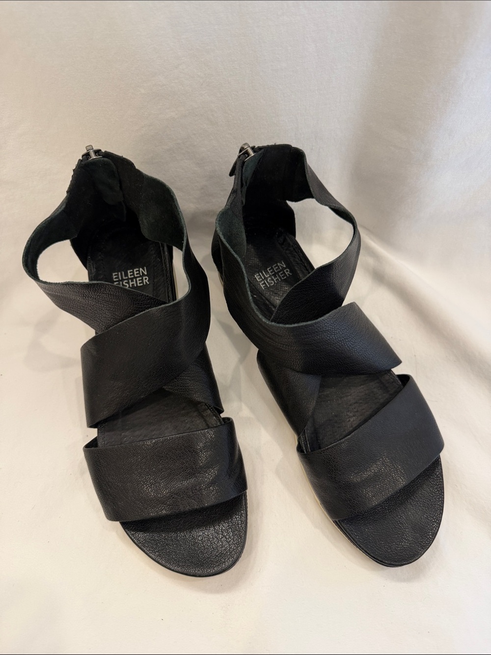 Eileen Fisher Black Leather Crisscross Zip-Back Sandals